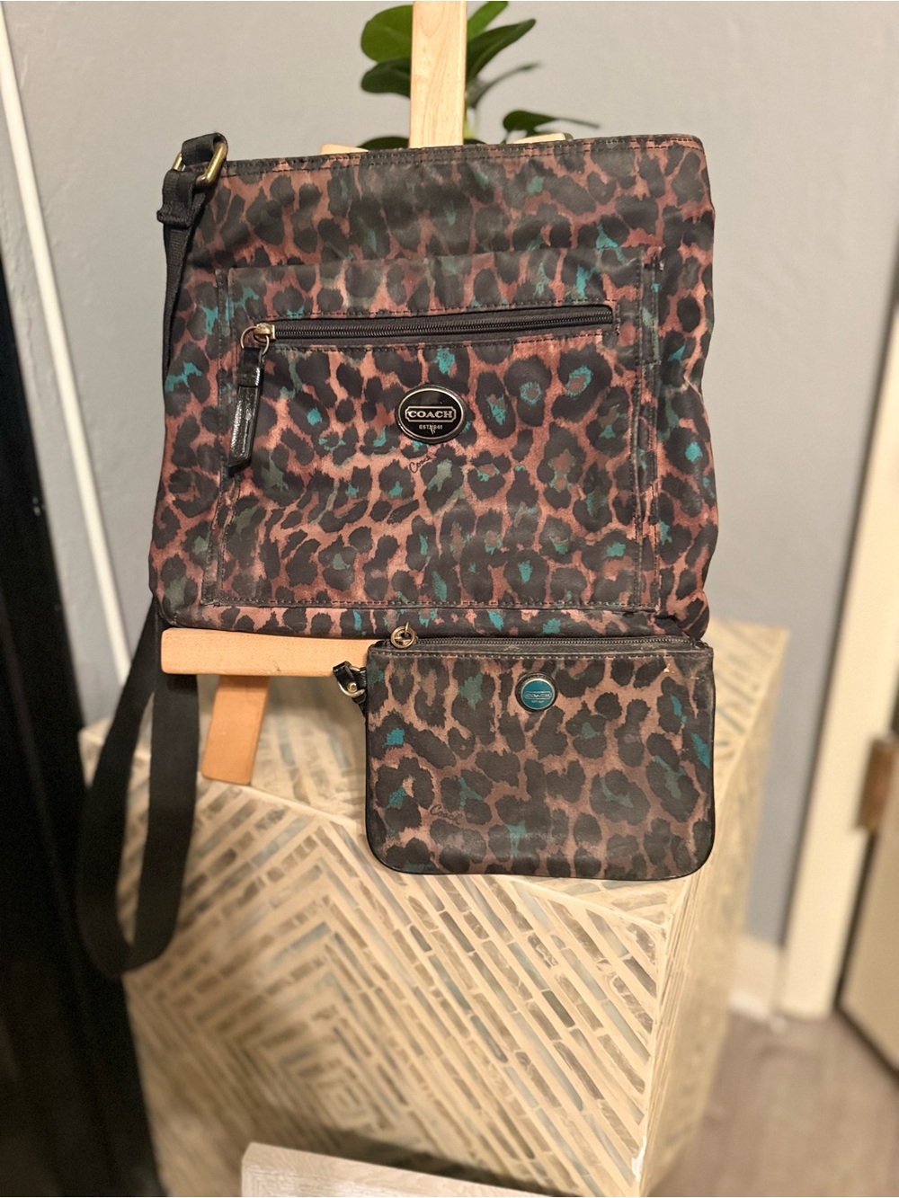 COACH Leopard Print Crossbody Bag in Brown with Teal Accents & Coin/Card Pouch